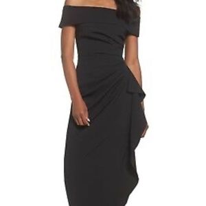 Vince Black Ruffle Pleated Off the Shoulder Crepe Gown